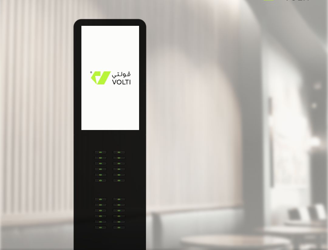 Volti floor station with an ad screen