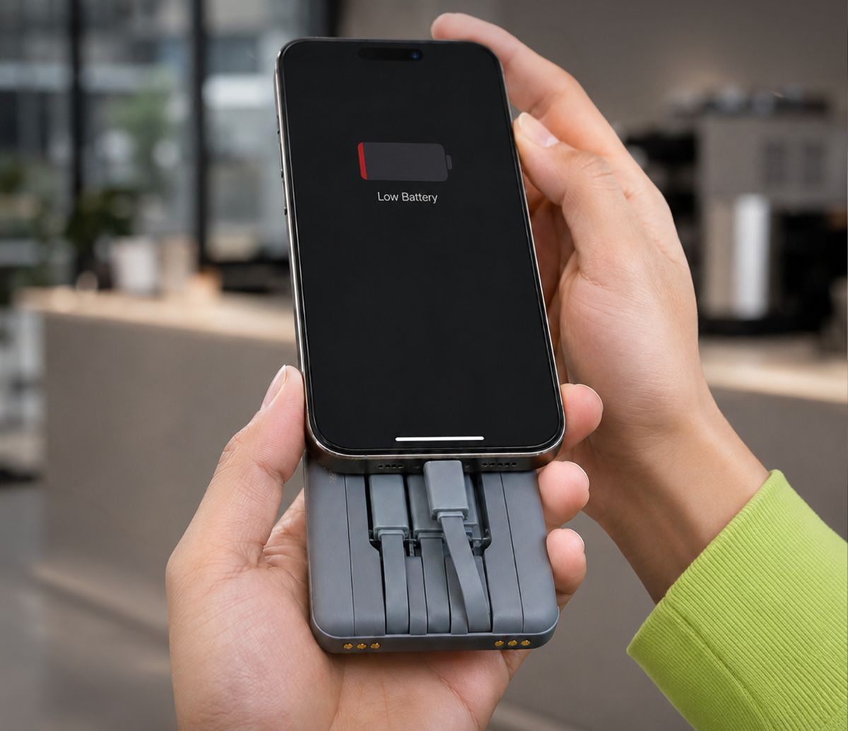 A low-battery phone charging from a Volti power bank