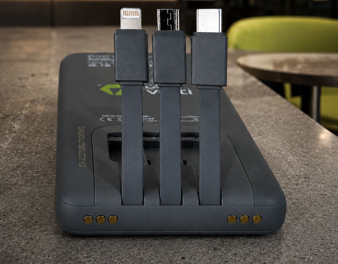Volti power bank with three built-in cables